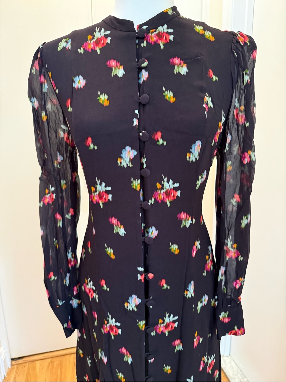 Hill House Black Floral-Print Long Sleeve Dress